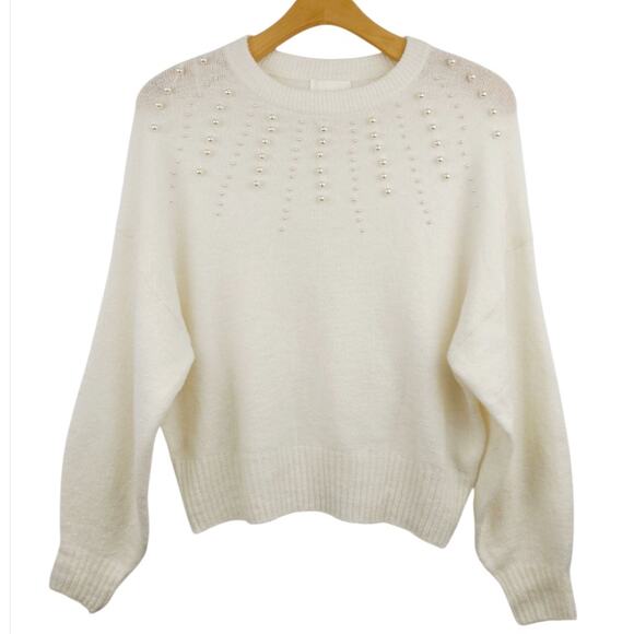 H&M Faux Pearl Embellished Sweater Relaxed Fit Size L Cream Glam Parisian Preppy - Picture 1 of 10